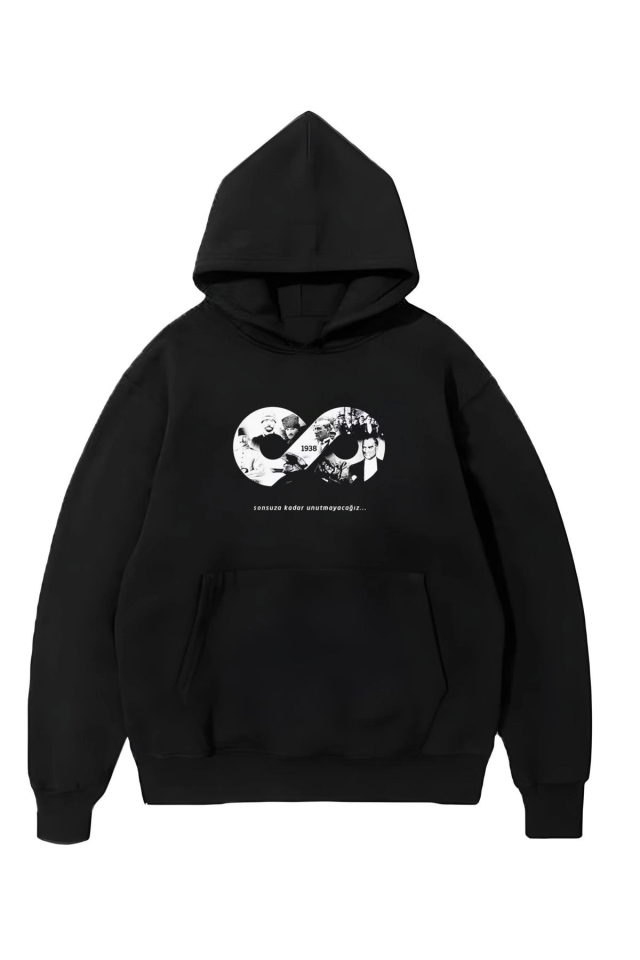 10 Kasıma Özel Üç İplik Kapşonlu Baskılı SweatShirt - Siyah - Görsel 2