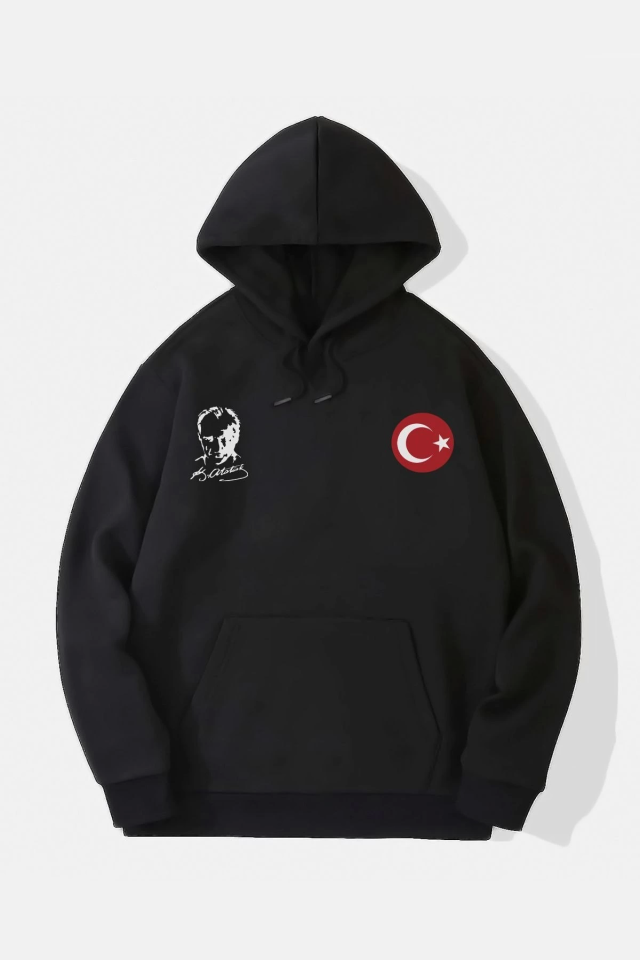 10 Kasıma Özel Üç İplik Kapşonlu Baskılı SweatShirt - Siyah - Görsel 3