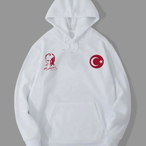 Alternative view of 10 Kasıma Özel Üç İplik Kapşonlu Baskılı SweatShirt - Beyaz