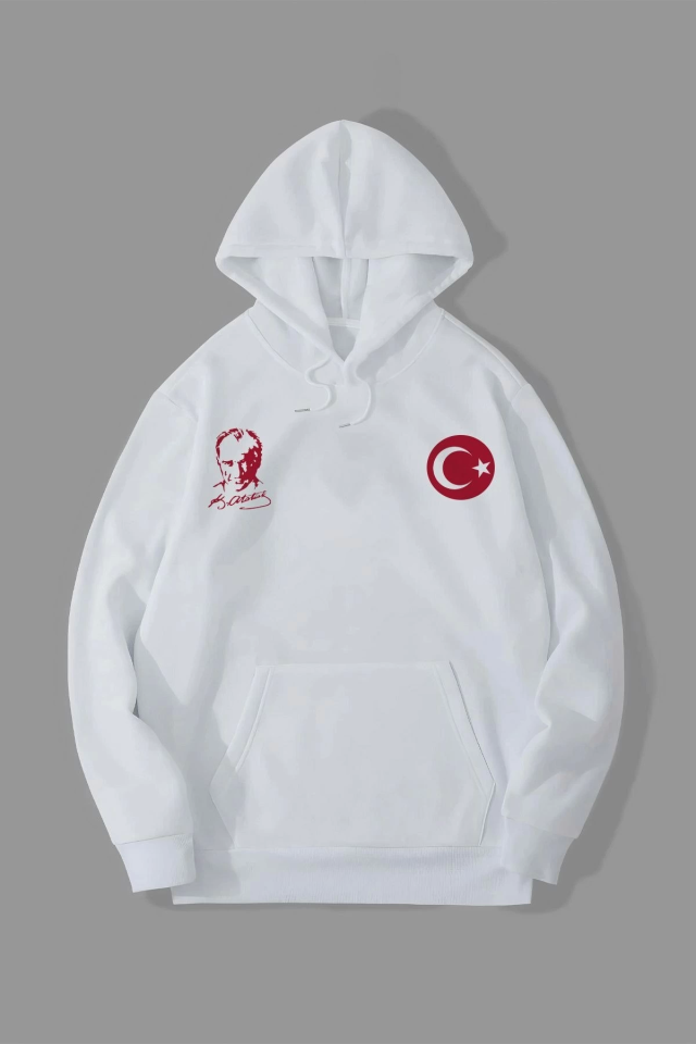 10 Kasıma Özel Üç İplik Kapşonlu Baskılı SweatShirt - Beyaz - Görsel 2
