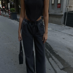 Arkadan Yırtmaçlı Jeans Kot Palazzo Pantolon - Siyah