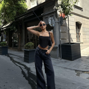 Alternative view of Arkadan Yırtmaçlı Jeans Kot Palazzo Pantolon - Siyah