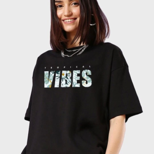 Baskılı Oversize T-shirt - Siyah