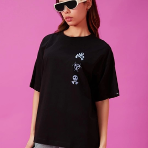 Baskılı Oversize T-shirt - Siyah