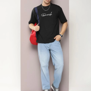 Erkek Baskılı Oversize T-shirt - Siyah