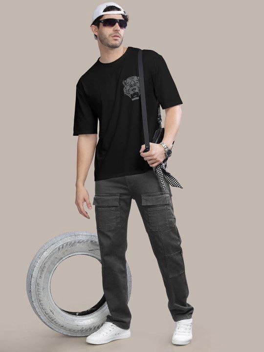 Erkek Baskılı Oversize T-shirt - Siyah - Görsel 4