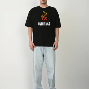 Unisex Bisiklet Yaka Baskılı Oversize T-Shirt - Siyah