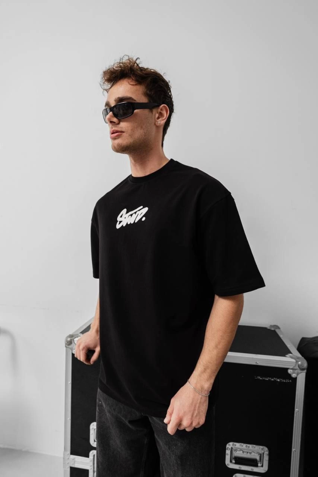 Erkek Baskılı Oversize T-shirt - Siyah - Görsel 2