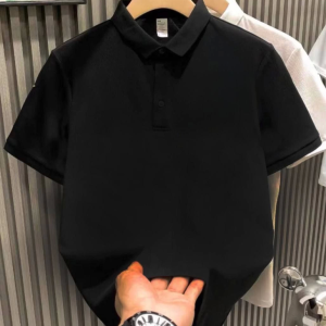 Alternative view of Yakası Düğmeli Yakalı Pike Düz T-Shirt - Siyah