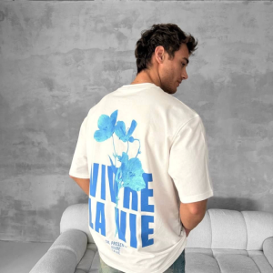 Alternative view of Ön Ve Arka Baskılı Oversize Bisiklet Yaka T-shirt- Beyaz