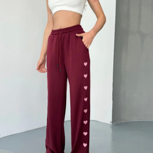 Alternative view of Osy Modal Yumuşak Dokulu Kumaş Nakış Işlemeli Rahat Bol Paça Eşofman Pantalon - Bordo