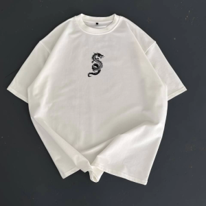 Baskılı Oversize Bisiklet Yaka T-shirt - Beyaz