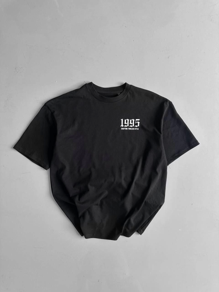 Baskılı Oversize Bisiklet Yaka T-shirt - Siyah - Görsel 2
