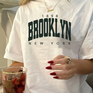 Baskılı Oversize Bisiklet Yaka T-shirt - Beyaz