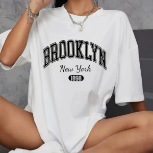 Baskılı Oversize Bisiklet Yaka T-shirt - Beyaz