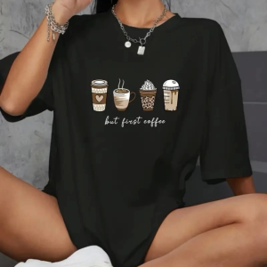 Baskılı Oversize Bisiklet Yaka T-shirt - Siyah