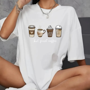 Baskılı Oversize Bisiklet Yaka T-shirt - Beyaz