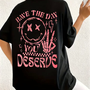 Baskılı Oversize Bisiklet Yaka T-shirt - Siyah