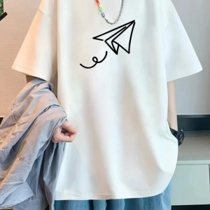 Baskılı Oversize Bisiklet Yaka T-shirt - Beyaz