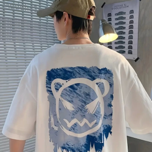 Baskılı Oversize Bisiklet Yaka T-shirt - Beyaz