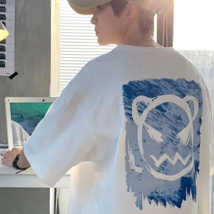 Alternative view of Baskılı Oversize Bisiklet Yaka T-shirt - Beyaz