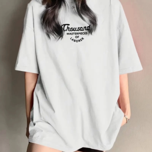 Thousand Baskılı Oversize Bisiklet Yaka T-shirt - Beyaz