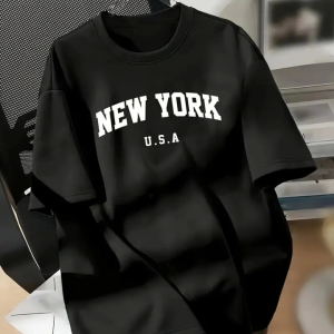 New York Baskılı Oversize Bisiklet Yaka T-shirt - Siyah