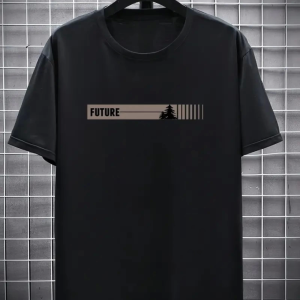 Baskılı Oversize Bisiklet Yaka T-shirt - Siyah