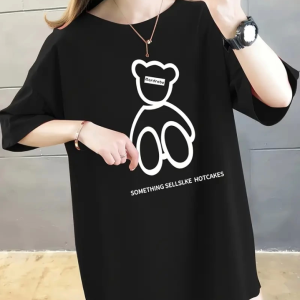 Baskılı Oversize Bisiklet Yaka T-shirt - Siyah