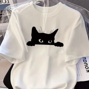 Baskılı Oversize Bisiklet Yaka T-shirt - Beyaz