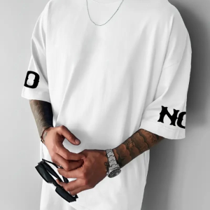 Alternative view of Baskılı Oversize Bisiklet Yaka T-shirt - Beyaz