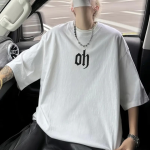 Baskılı Oversize Bisiklet Yaka T-shirt - Beyaz