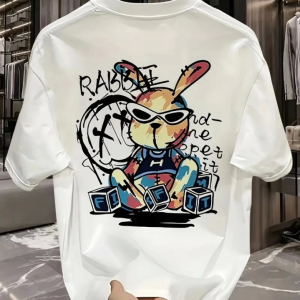 Baskılı Oversize Bisiklet Yaka T-shirt - Beyaz