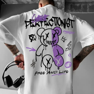 Baskılı Oversize Bisiklet Yaka T-shirt - Beyaz