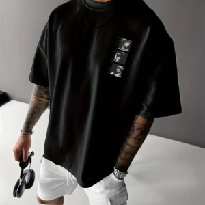 Alternative view of Baskılı Oversize Bisiklet Yaka T-shirt - Siyah