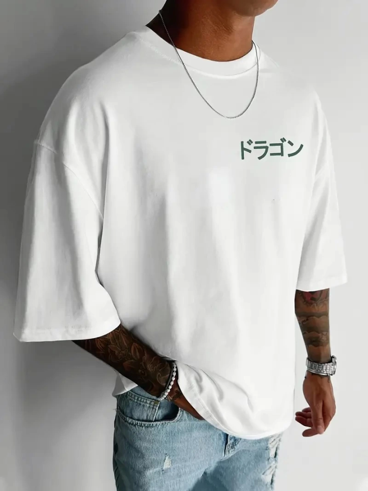 Baskılı Oversize Bisiklet Yaka T-shirt - Beyaz - Görsel 3