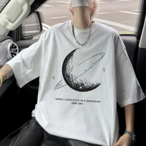 Baskılı Oversize Bisiklet Yaka T-shirt - Beyaz
