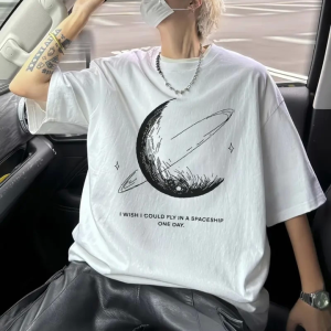 Alternative view of Baskılı Oversize Bisiklet Yaka T-shirt - Beyaz