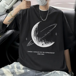Alternative view of Baskılı Oversize Bisiklet Yaka T-shirt - Siyah