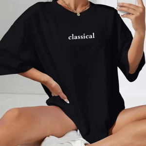 Baskılı Oversize Bisiklet Yaka T-shirt - Siyah