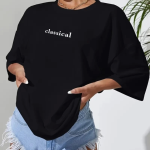 Alternative view of Baskılı Oversize Bisiklet Yaka T-shirt - Siyah