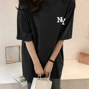 Alternative view of Baskılı Oversize Bisiklet Yaka T-shirt - Siyah