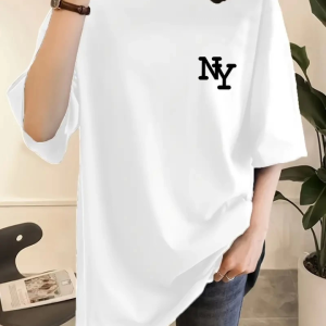 Baskılı Oversize Bisiklet Yaka T-shirt - Beyaz