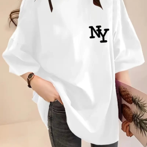 Alternative view of Baskılı Oversize Bisiklet Yaka T-shirt - Beyaz