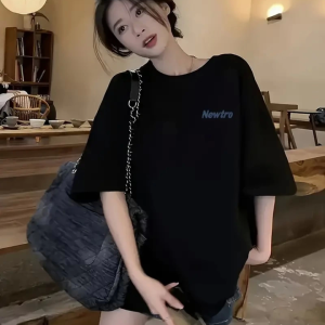 Alternative view of Baskılı Oversize Bisiklet Yaka T-shirt - Siyah