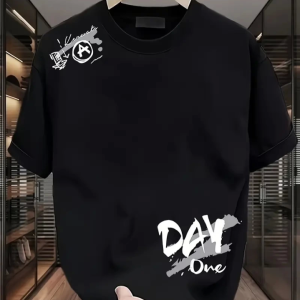 Baskılı Oversize Bisiklet Yaka T-shirt - Siyah