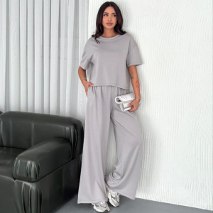 Osy Modal Yumuşak Dokulu Kumaş Bisiklet Yaka T-shirt  Bol Paça Pantalon Ikili Takım - Boyalı Gri