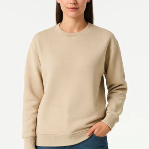 Alternative view of Üç İplik Düz Bisiklet Yaka SweatShirt - Bej
