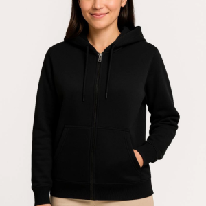 Alternative view of Üç İplik Kapüşonlu Tam Fermuarlı Kanguru Çepli SweatShirt Hoodie - Siyah