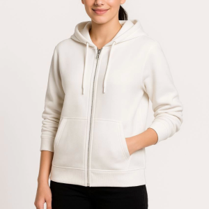 Alternative view of Üç İplik Kapüşonlu Tam Fermuarlı Kanguru Çepli SweatShirt Hoodie - Beyaz